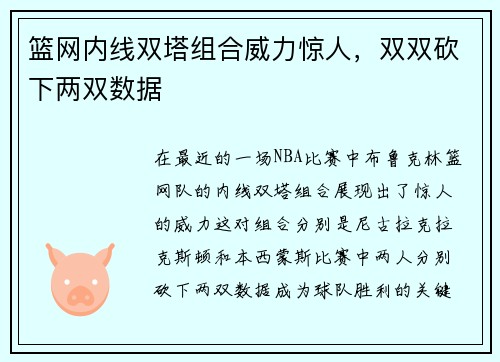 篮网内线双塔组合威力惊人，双双砍下两双数据