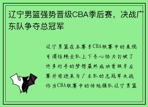 辽宁男篮强势晋级CBA季后赛，决战广东队争夺总冠军